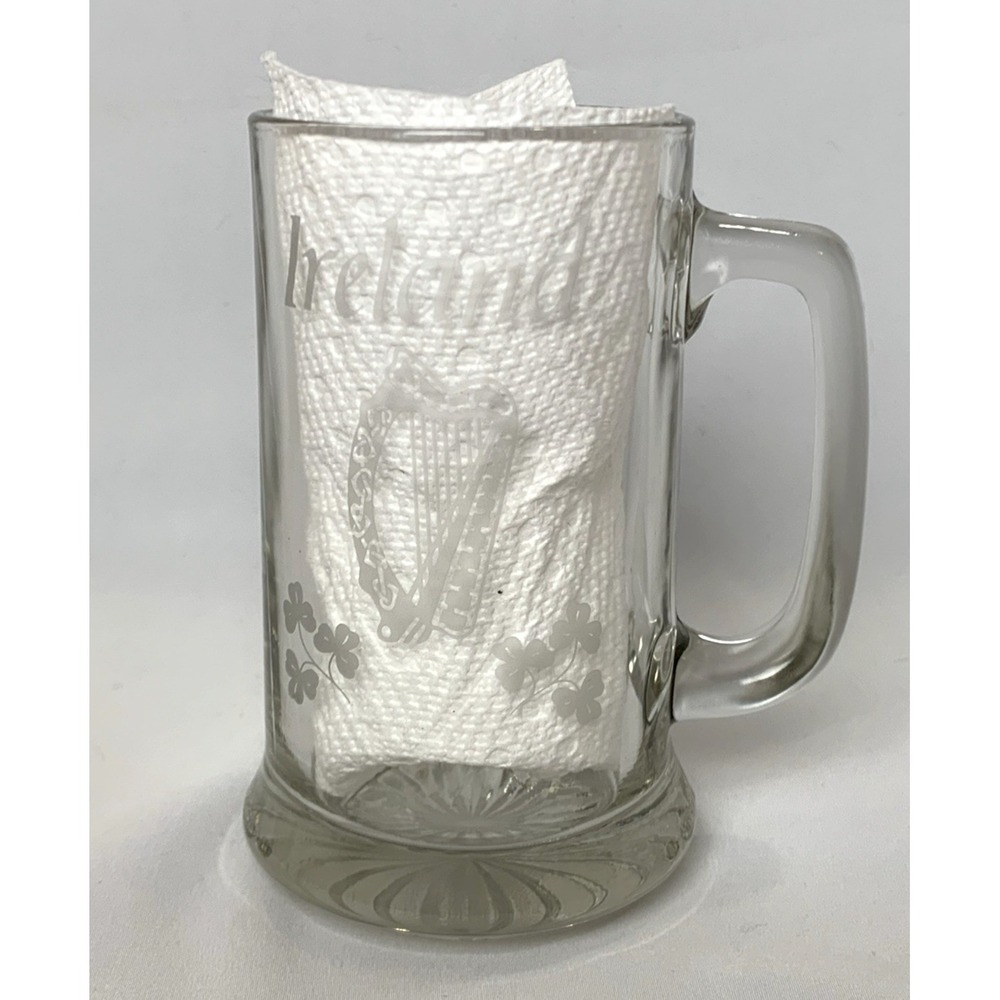 Eamon Glass Ireland Beer‎ Mug Etched Harp Shamrock Irish MINT